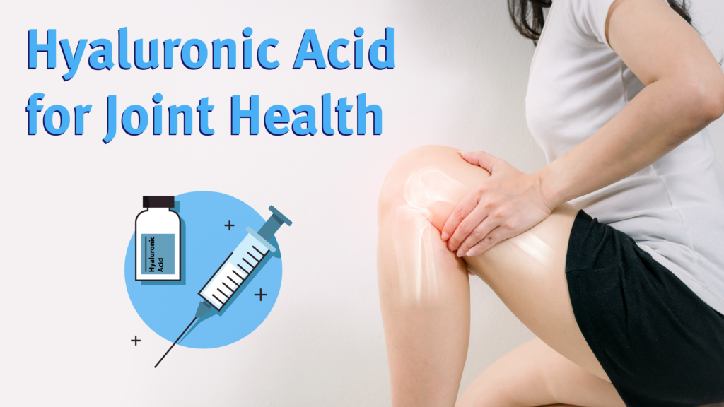 Hyaluronic Acid for Joint health. image of person holding painful knee joint with illustrations of HA and syringe